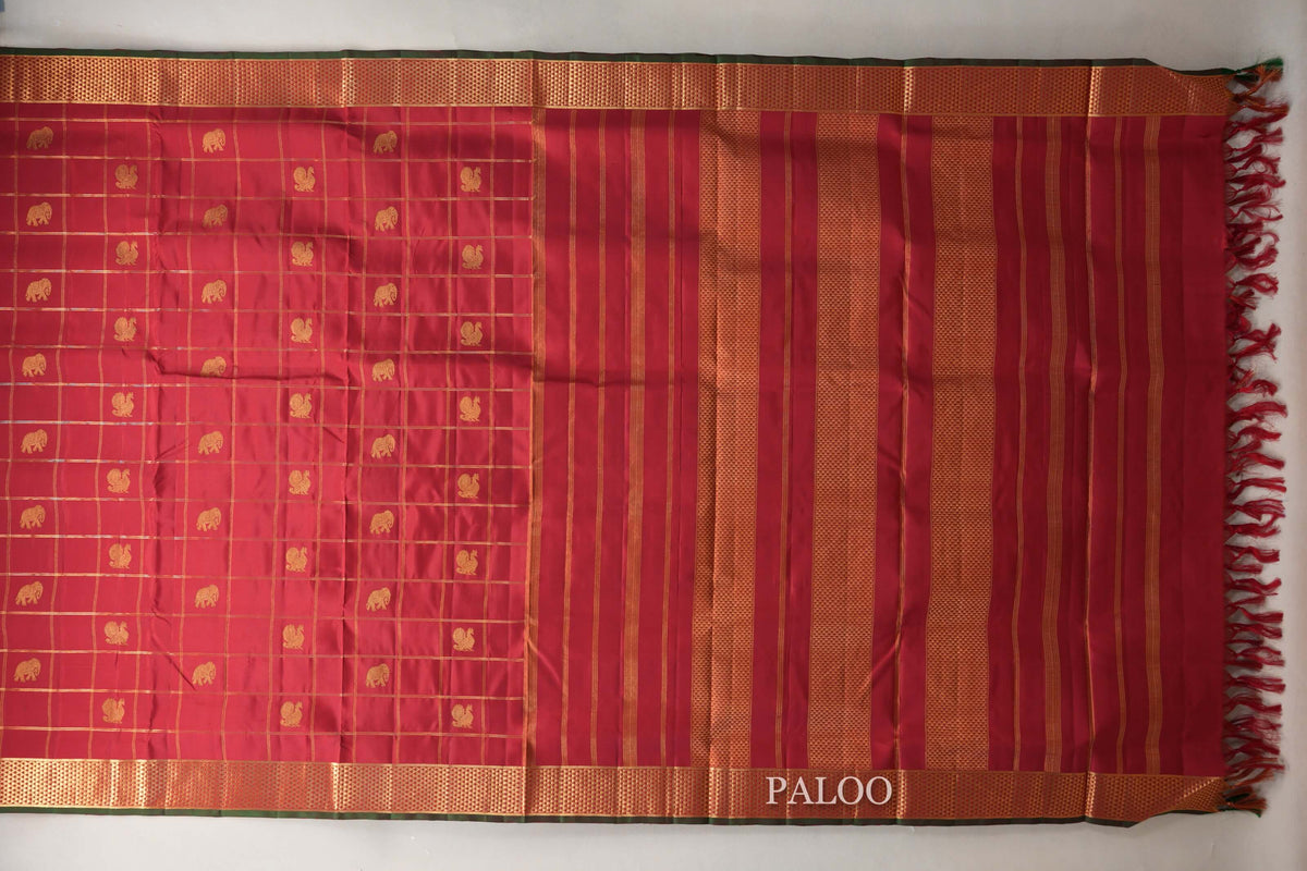 Deep Red with Deep Bottle Green Selvedge Ten Yards Silk Saree by Shreenivas Silks PSSR0110117