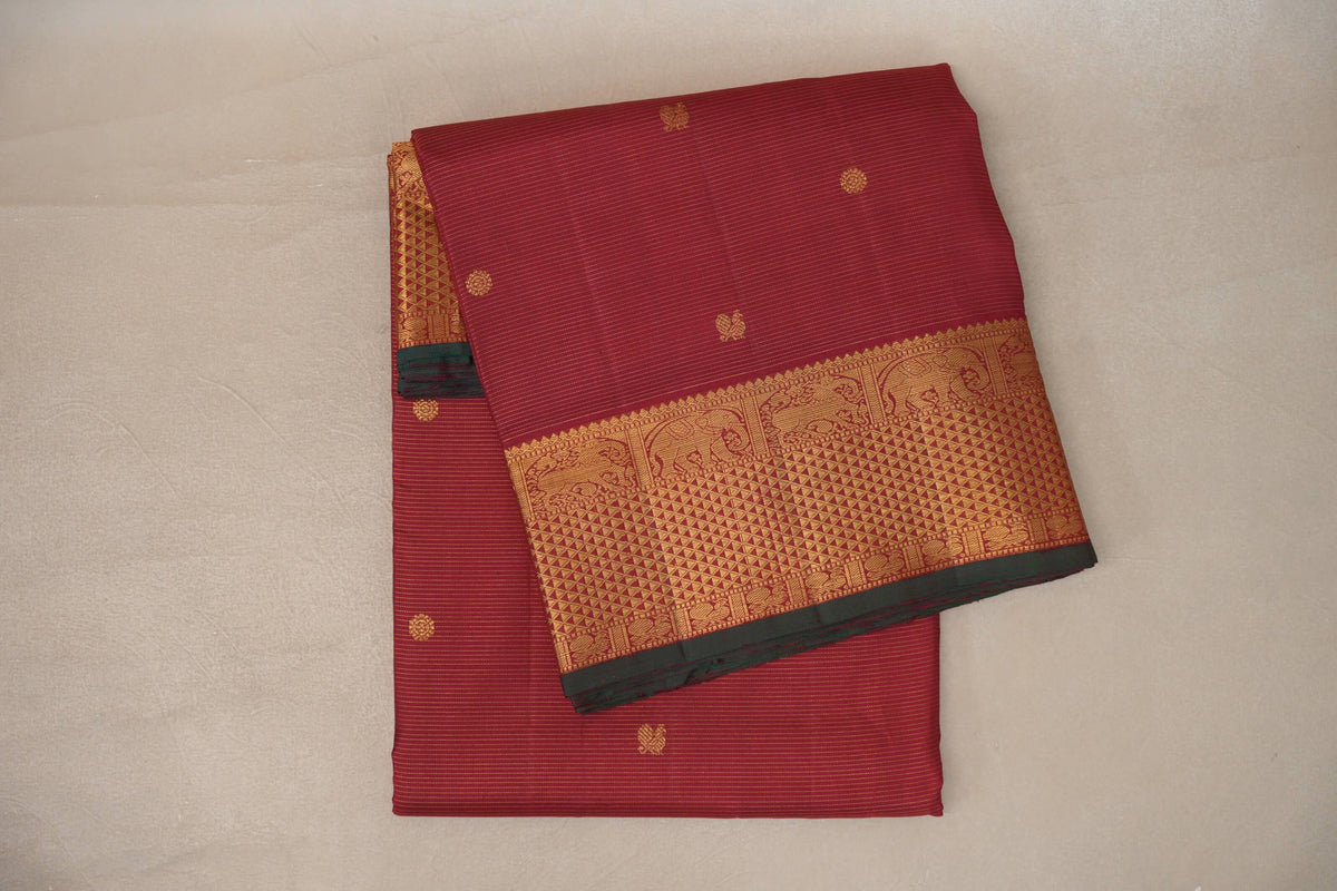 Deep Maroon with Dark Green Selvedge Ten Yards Silk Saree by Shreenivas Silks PSSR0110118