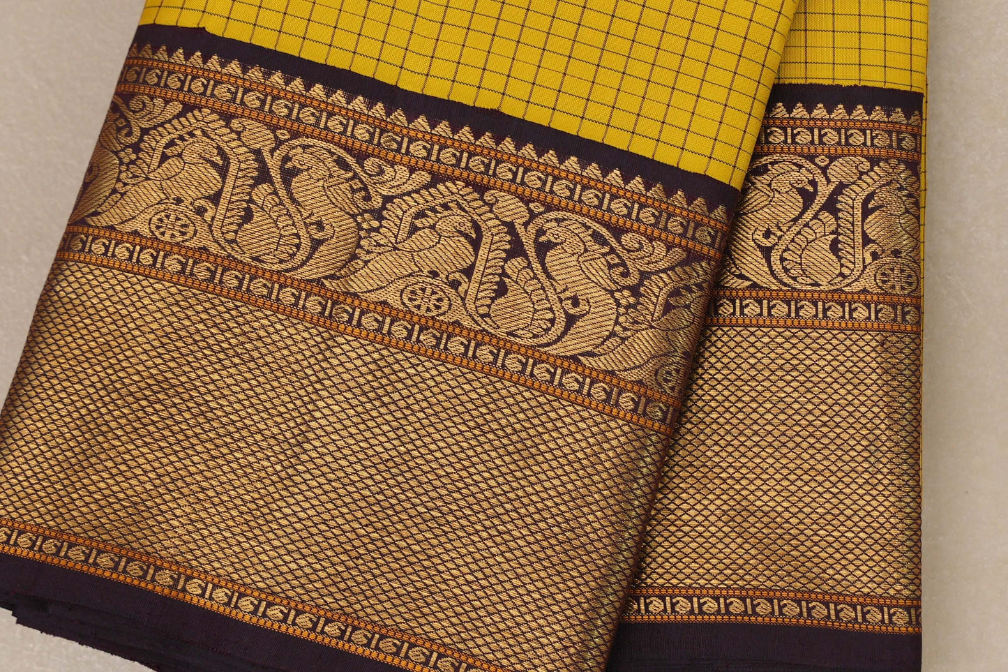 Bright yellow with Deep Plum Brown Vintage Kanjivaram Silk Saree by Shreenivas Silks border