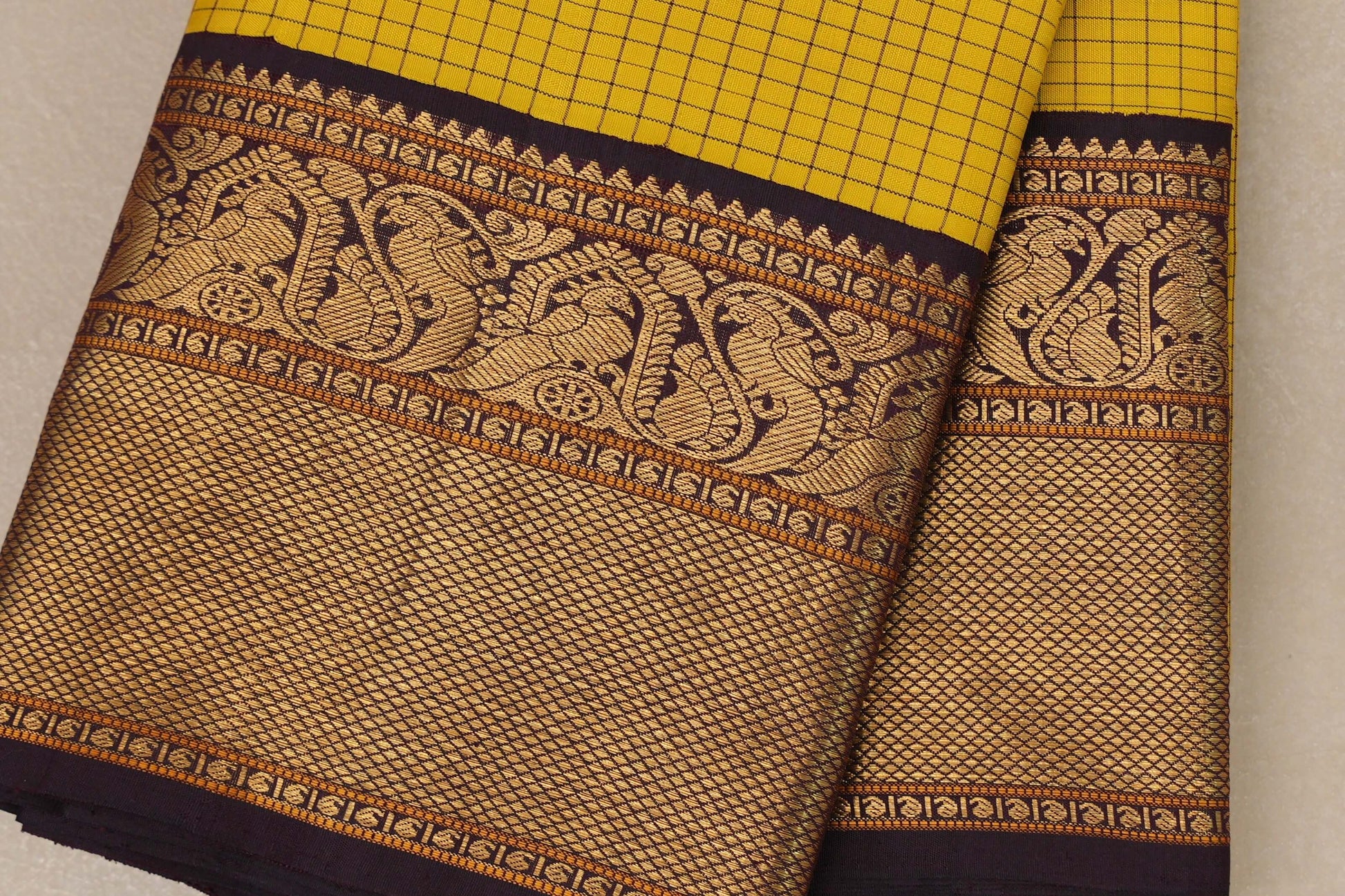 Bright yellow with Deep Plum Brown Vintage Kanjivaram Silk Saree by Shreenivas Silks border
