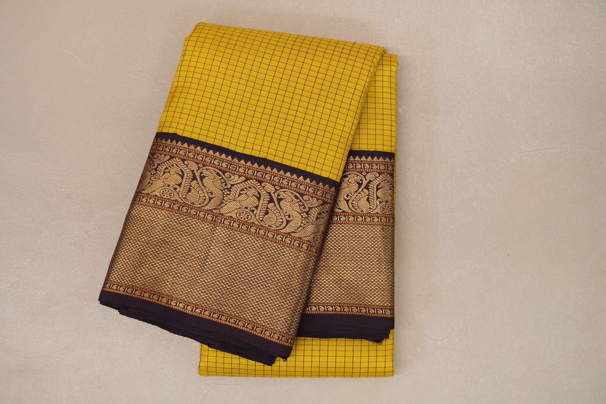 Bright yellow with Deep Plum Brown Vintage Kanjivaram Silk Saree by Shreenivas Silks 