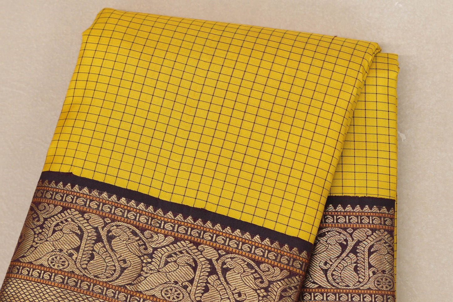 Bright yellow with Deep Plum Brown Vintage Kanjivaram Silk Saree by Shreenivas Silks  body