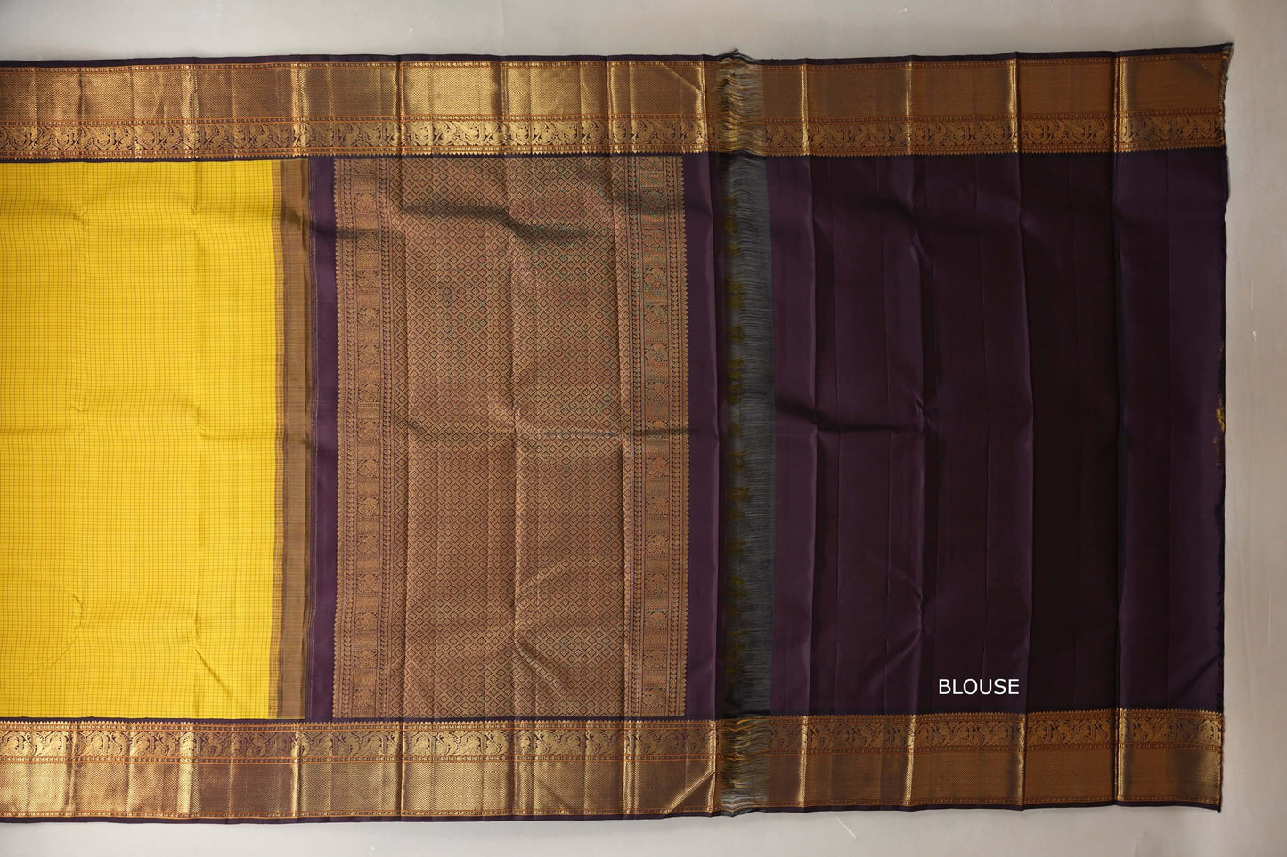 Bright yellow with Deep Plum Brown Vintage Kanjivaram Silk Saree by Shreenivas Silks  blouse