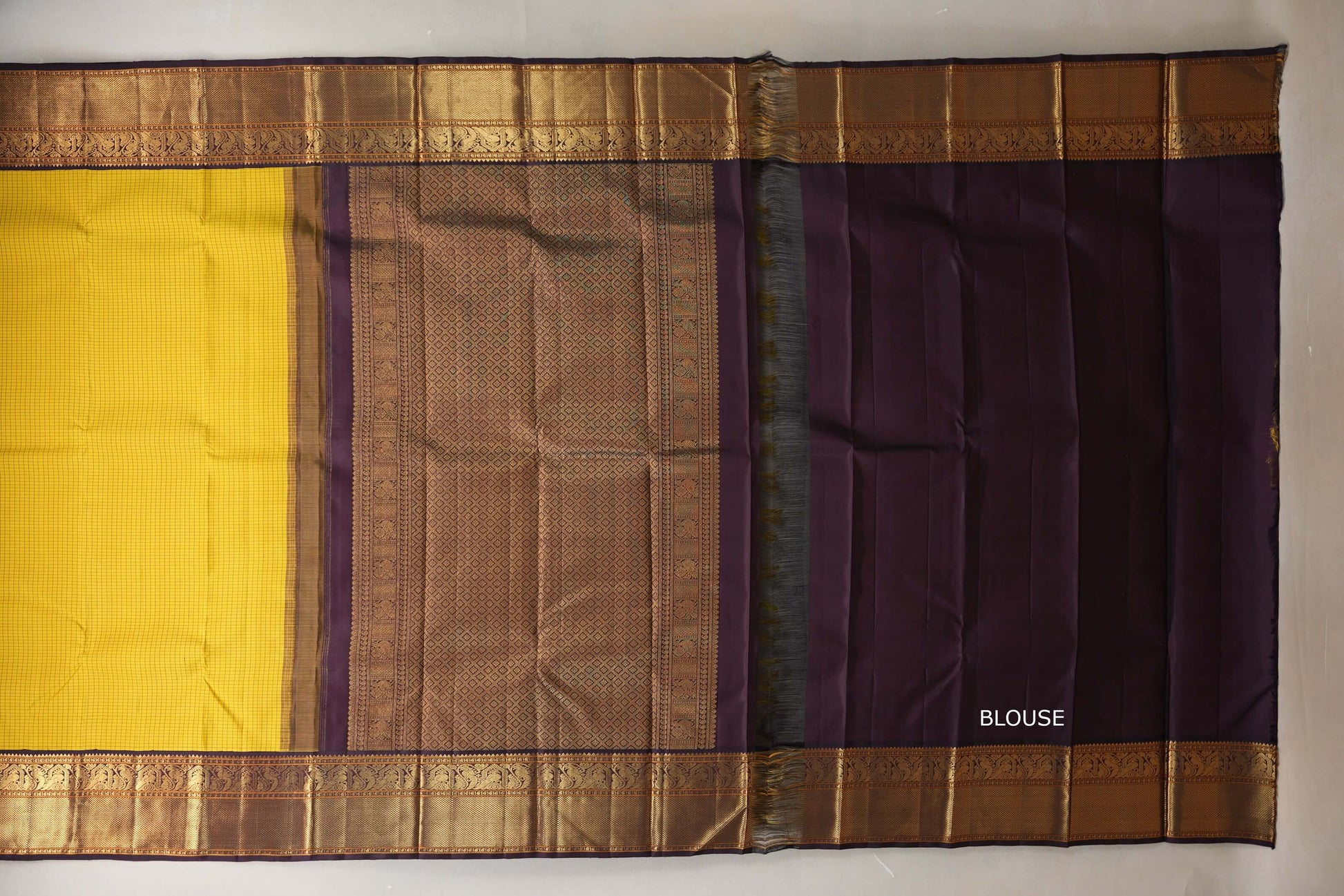 Bright yellow with Deep Plum Brown Vintage Kanjivaram Silk Saree by Shreenivas Silks  blouse