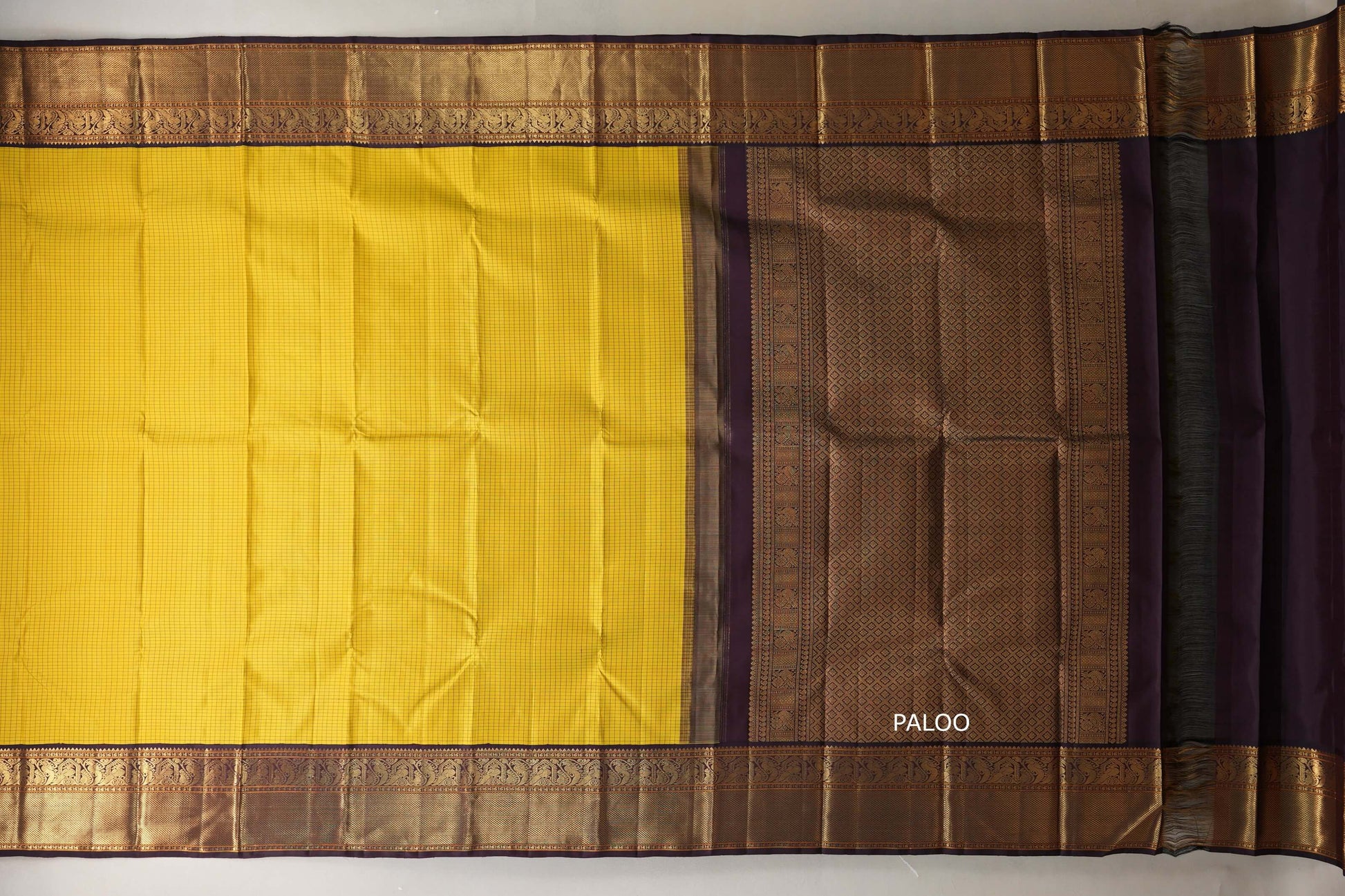 Bright yellow with Deep Plum Brown Vintage Kanjivaram Silk Saree by Shreenivas Silks paloo