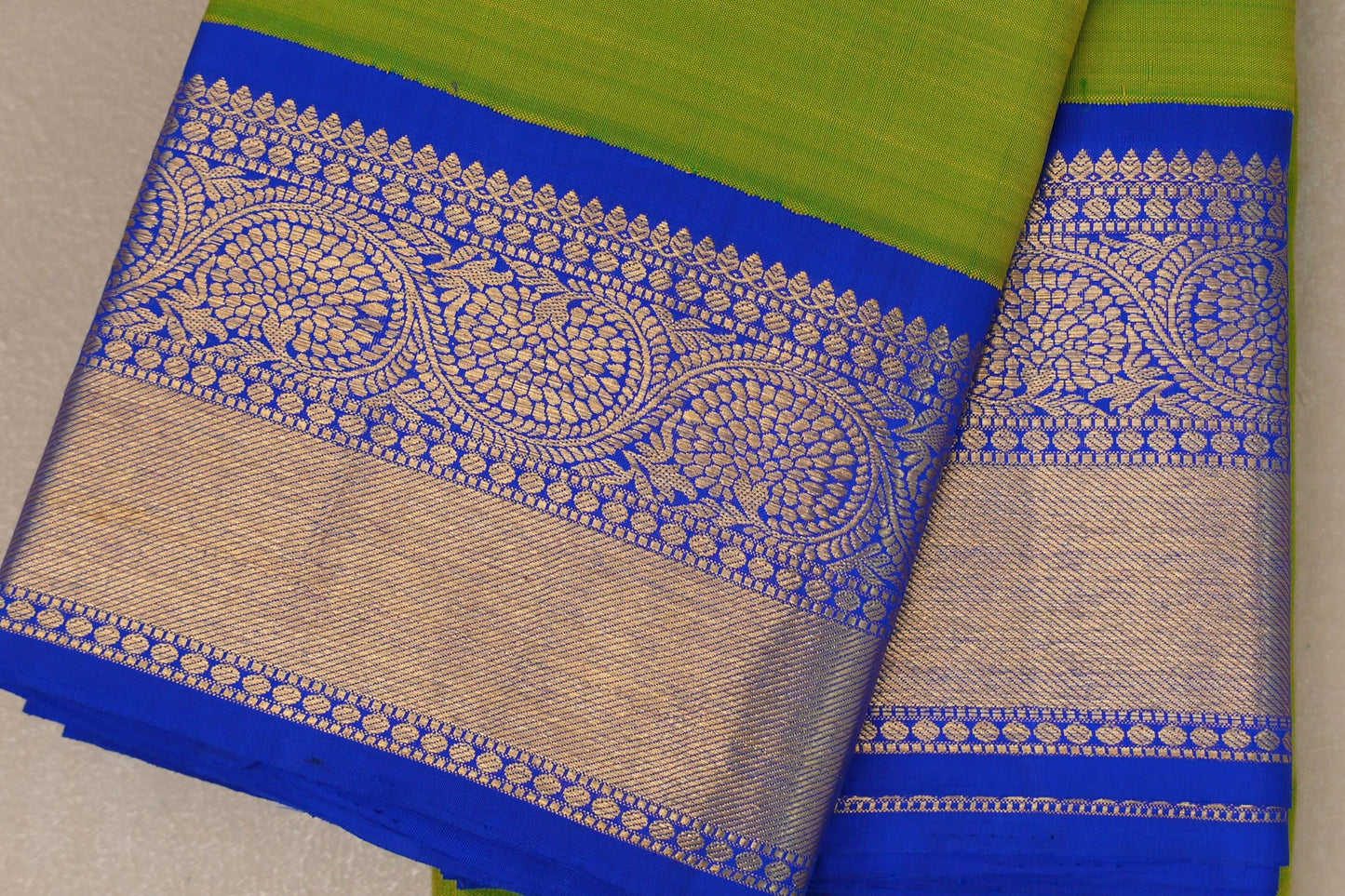 Bright Parrot Green with royal blue Vintage Kanjivaram Silk Saree by Shreenivas Silks border