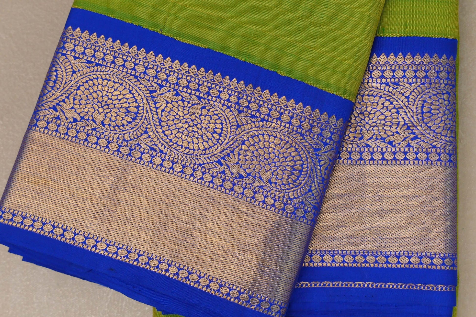 Bright Parrot Green with royal blue Vintage Kanjivaram Silk Saree by Shreenivas Silks border
