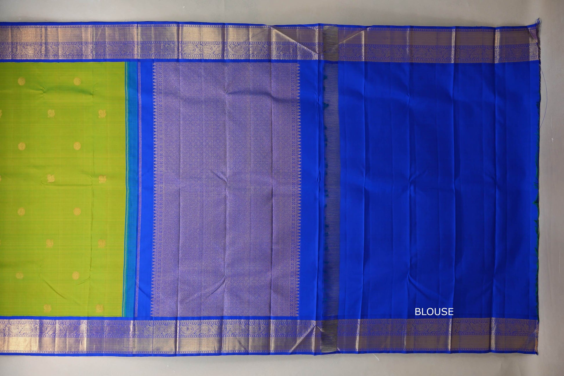Bright Parrot Green with royal blue Vintage Kanjivaram Silk Saree by Shreenivas Silks  blouse