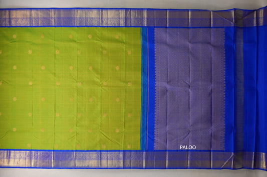 Bright Parrot Green with royal blue Vintage Kanjivaram Silk Saree by Shreenivas Silks  paloo