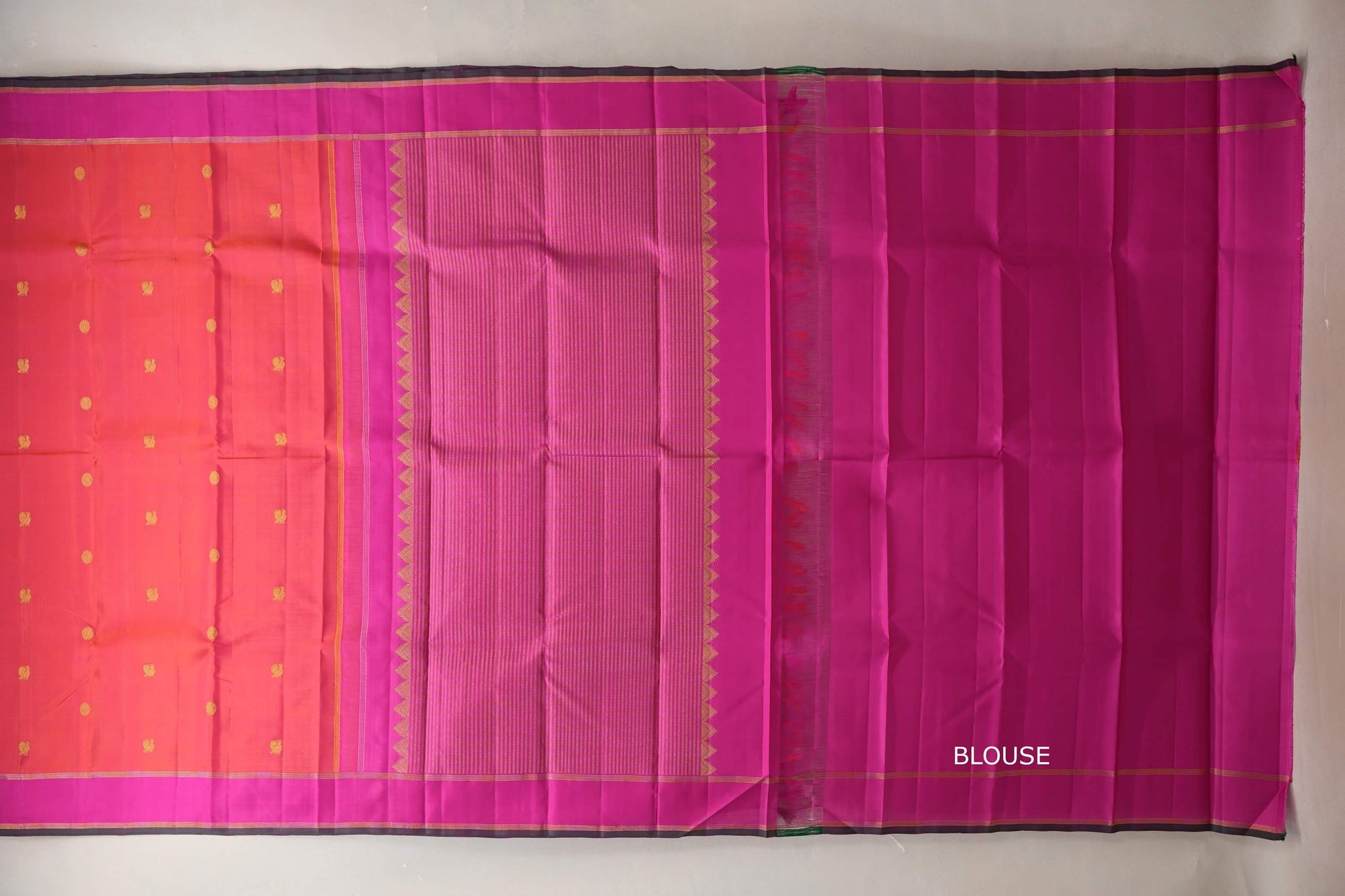 Orangish Pink Vintage Kanjivaram Silk Saree by Shreenivas Silks blouse