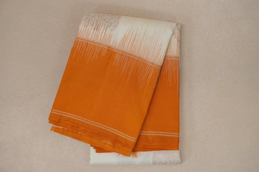Off white with Bright Mango Orange borders Light Weight Kanjivaram Silk Saree