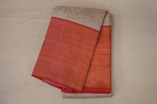 Dark Beige with Tomato Red Borders Kanjivaram Silk Saree