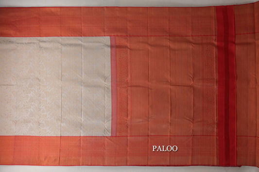 Dark Beige with Tomato Red Borders Kanjivaram Silk Saree paloo