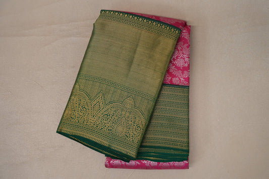 Bright Rani Pink with Dark Green Borders Kanjivaram Silk Saree