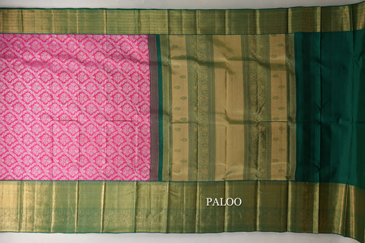 Bright Rani Pink with Dark Green Borders Kanjivaram Silk Saree paloo