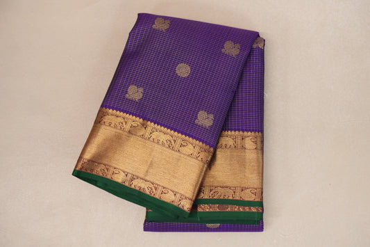 folded Deep Violet with Deep Reddish Magenta Borders Heirloom Kanjivaram Silk Saree