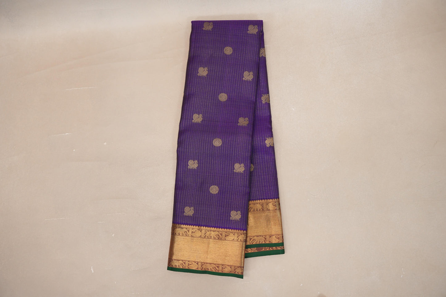 Deep Violet with Deep Reddish Magenta Borders and Dark Green Selvedge Heirloom Kanjivaram Silk Saree