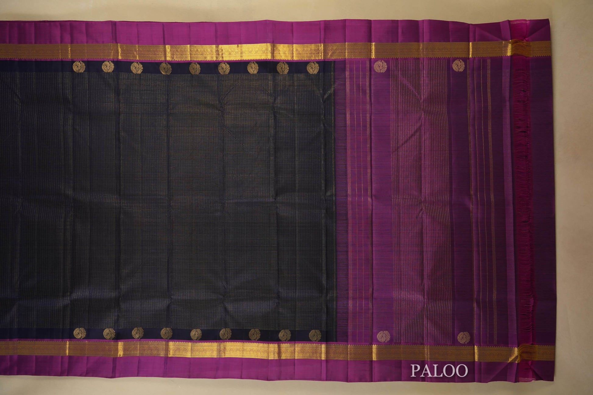 Dark Navy Blue Kanjivaram Silk Saree paloo