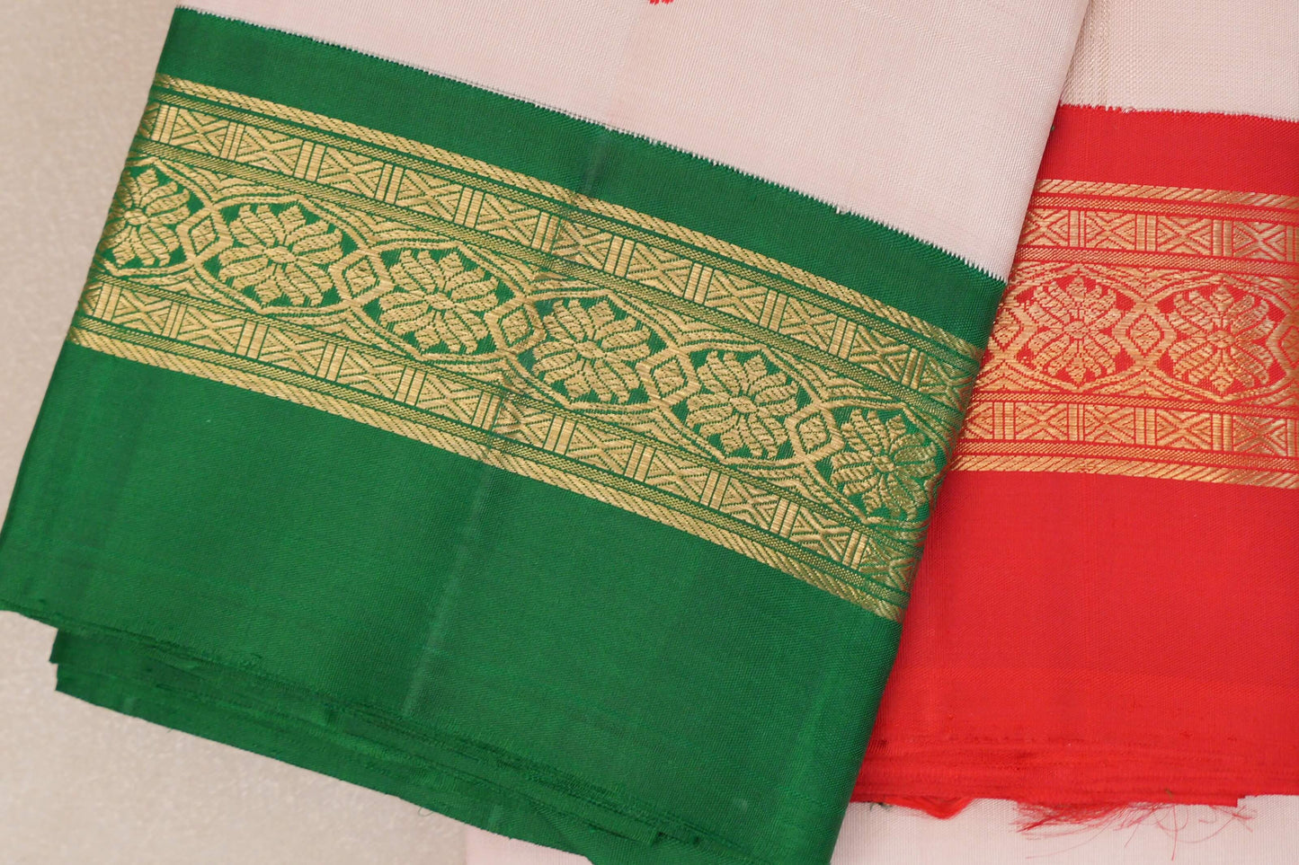 Ivory Pink with Emerald Green and Bright Red Borders Heirloom Kanjivaram Silk Sareeborder zoom