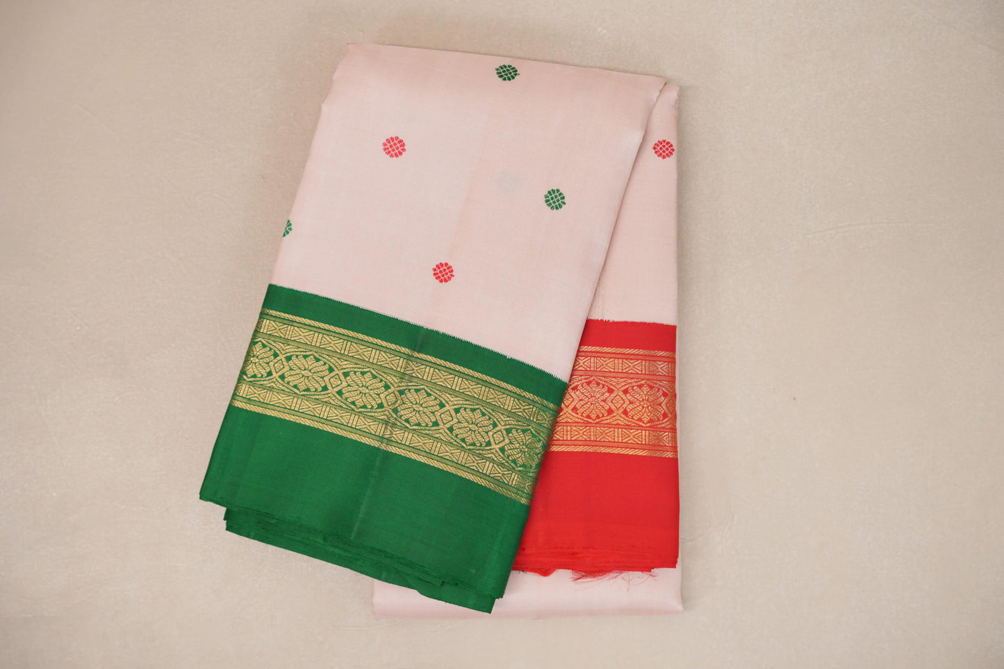 Ivory Pink with Emerald Green and Bright Red Borders Heirloom Kanjivaram Silk Saree folded 
