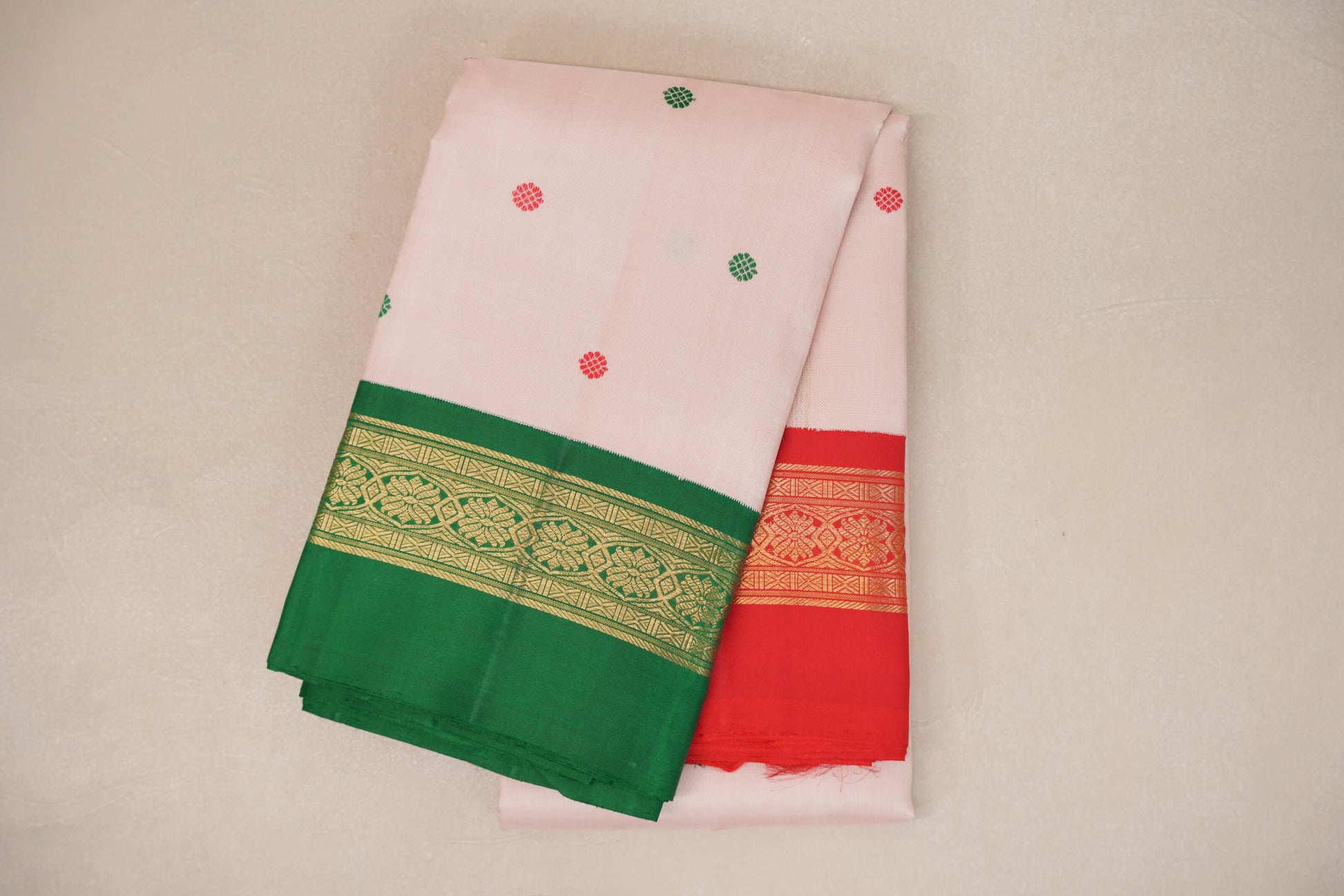 Ivory Pink with Emerald Green and Bright Red Borders Heirloom Kanjivaram Silk Saree folded 