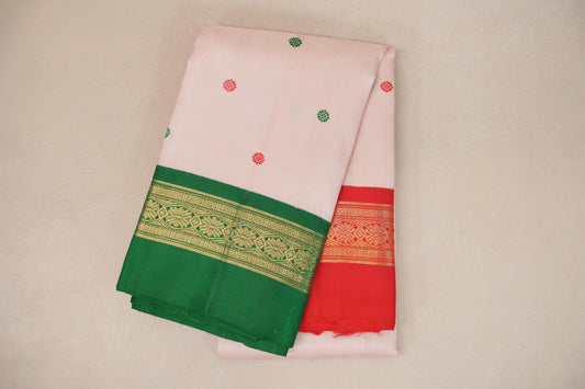 Ivory Pink with Emerald Green and Bright Red Borders Heirloom Kanjivaram Silk Saree folded 