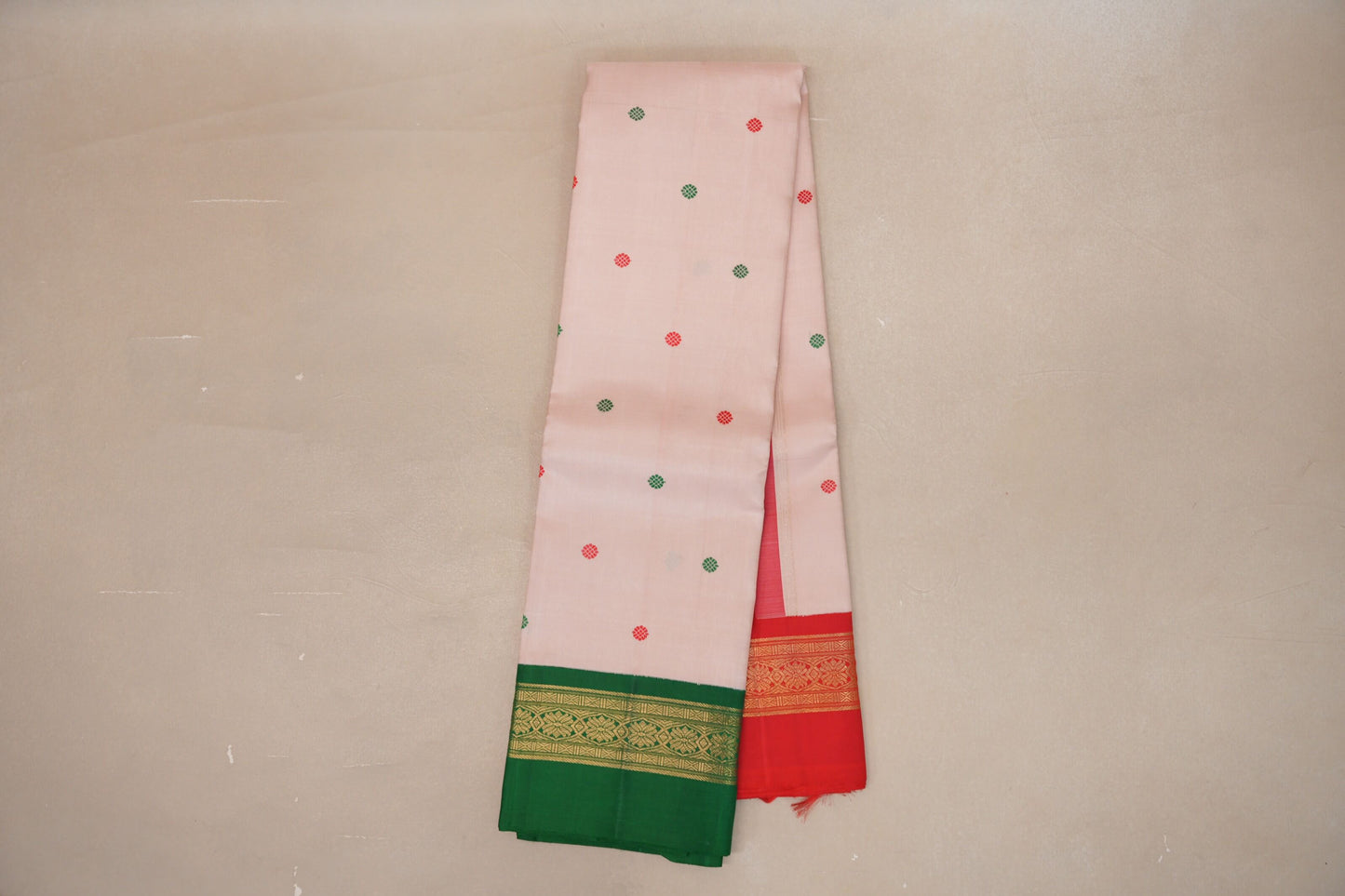 Ivory Pink with Emerald Green and Bright Red Borders Heirloom Kanjivaram Silk Saree online