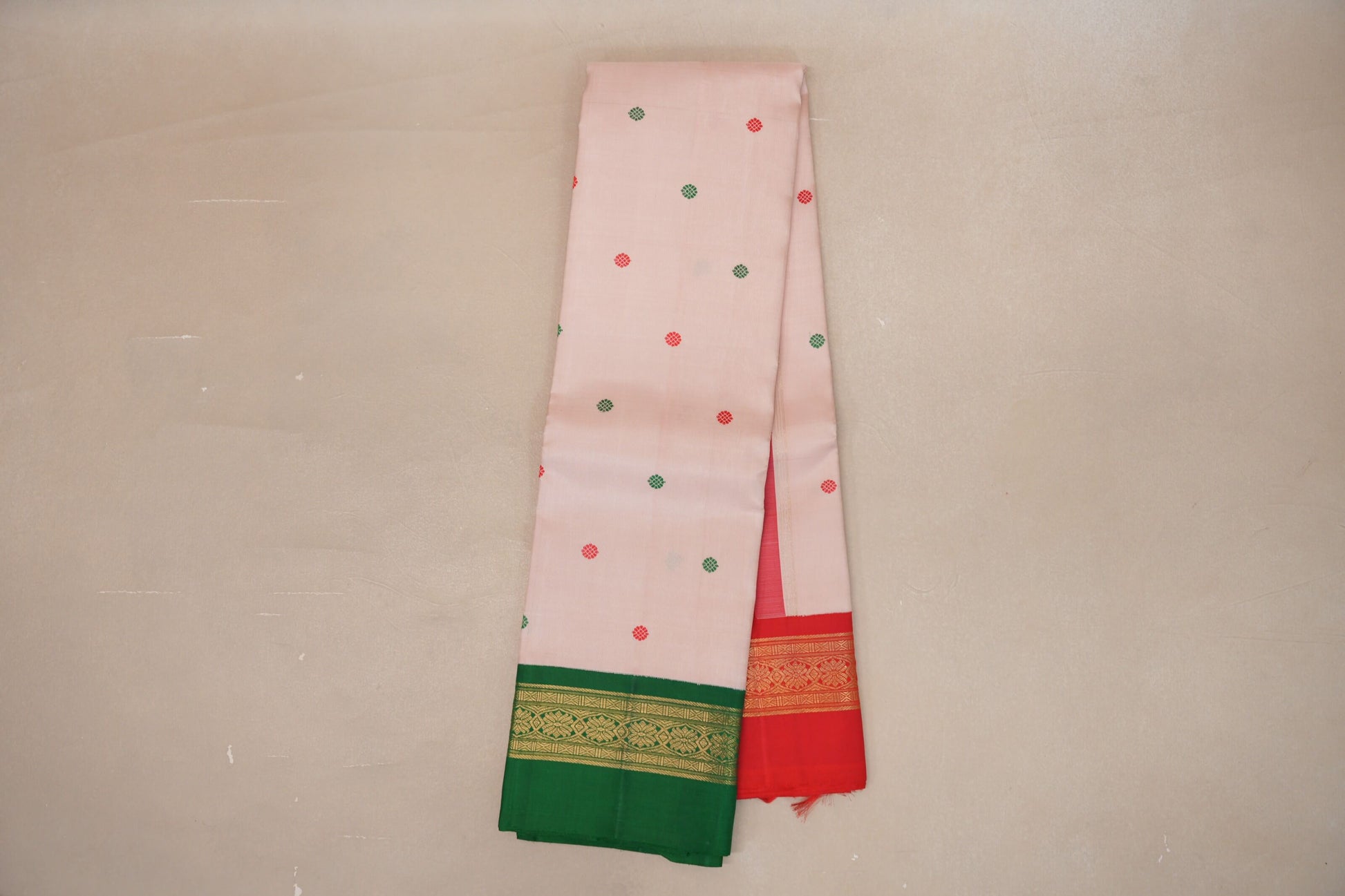 Ivory Pink with Emerald Green and Bright Red Borders Heirloom Kanjivaram Silk Saree online