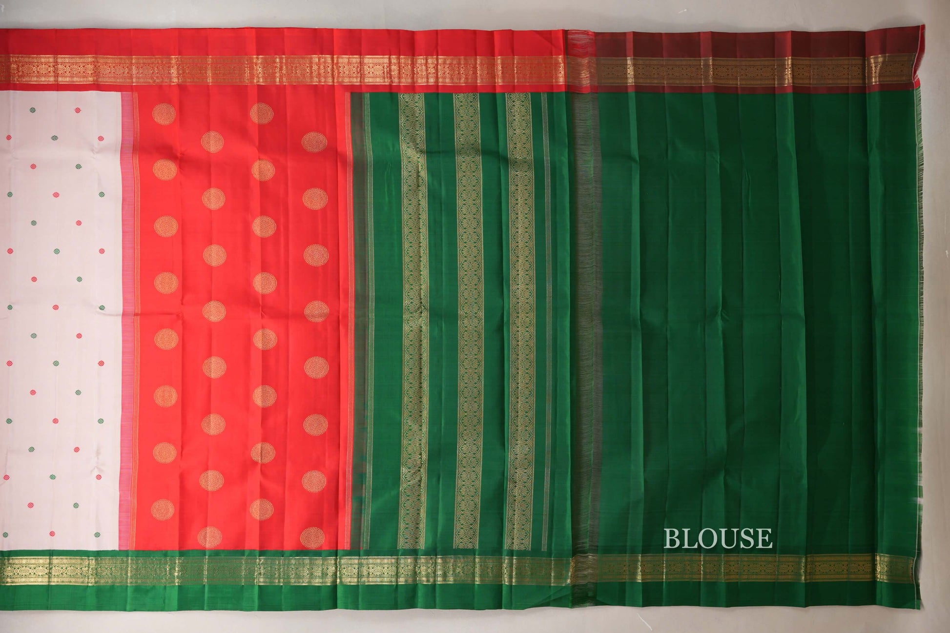 Ivory Pink with Emerald Green and Bright Red Borders Heirloom Kanjivaram Silk Saree blouse