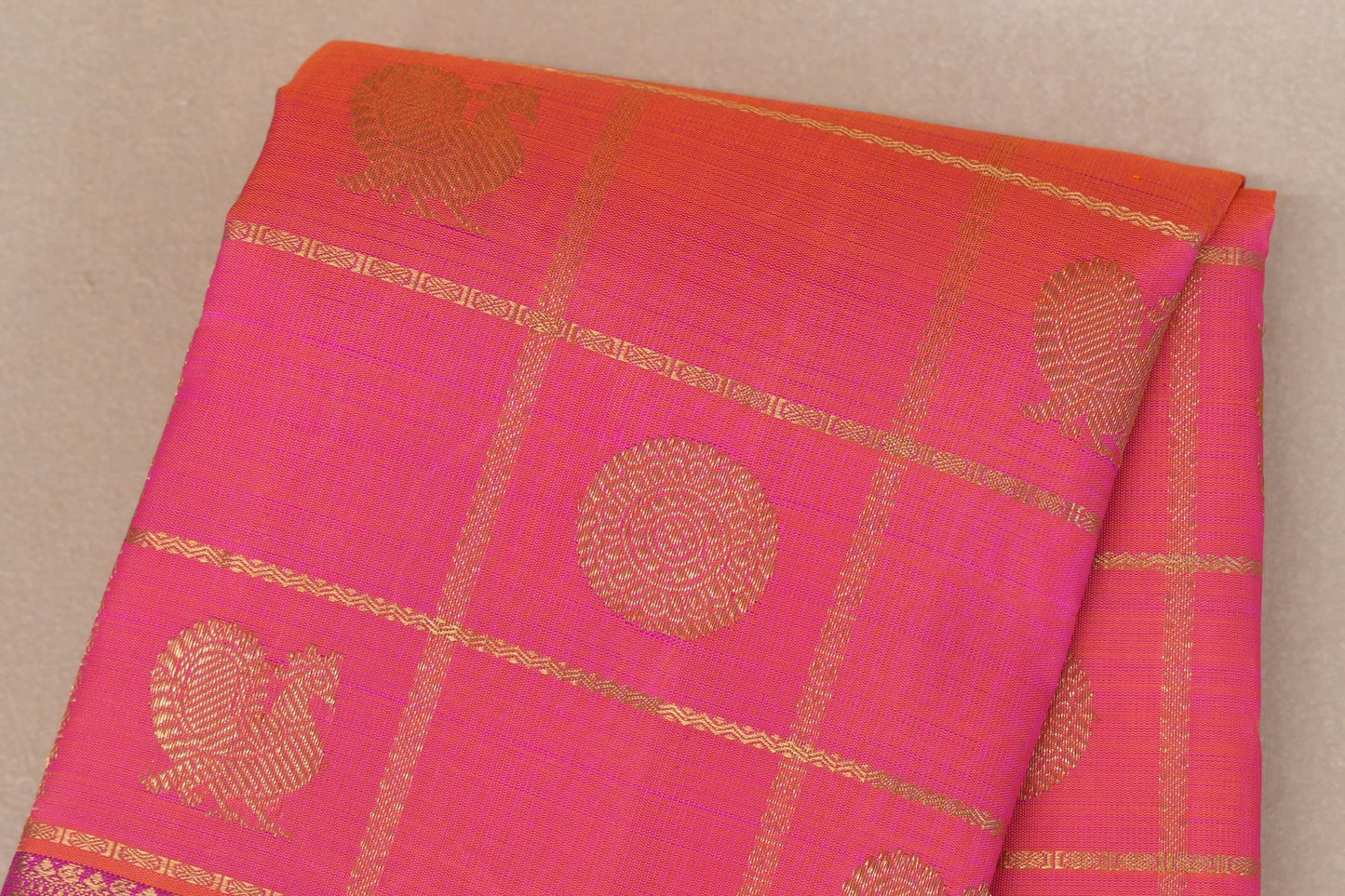Orangish Pink with Bright Magenta Borders Heirloom Kanjivaram Silk Saree body zoom