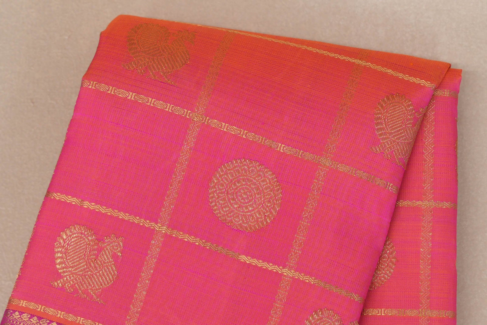 Orangish Pink with Bright Magenta Borders Heirloom Kanjivaram Silk Saree body zoom