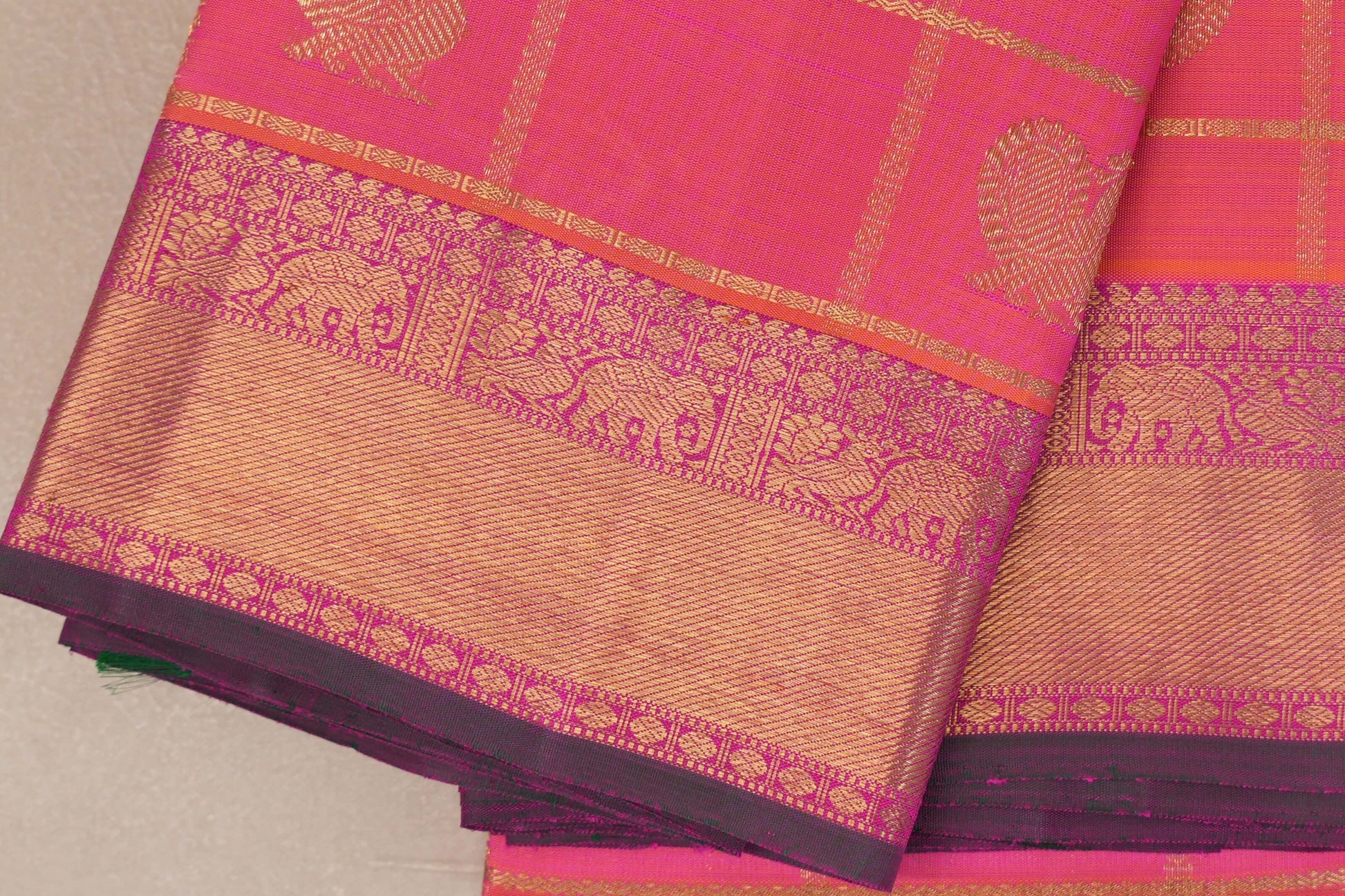 Orangish Pink with Bright Magenta Borders Heirloom Kanjivaram Silk Saree border zoom