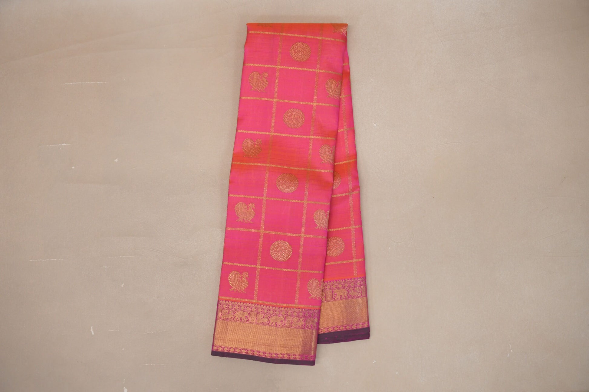 Orangish Pink with Bright Magenta Borders Heirloom Kanjivaram Silk Saree online