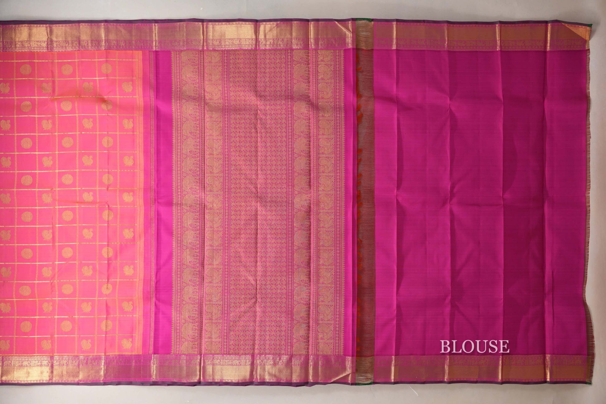 Orangish Pink with Bright Magenta Borders Heirloom Kanjivaram Silk Saree blouse