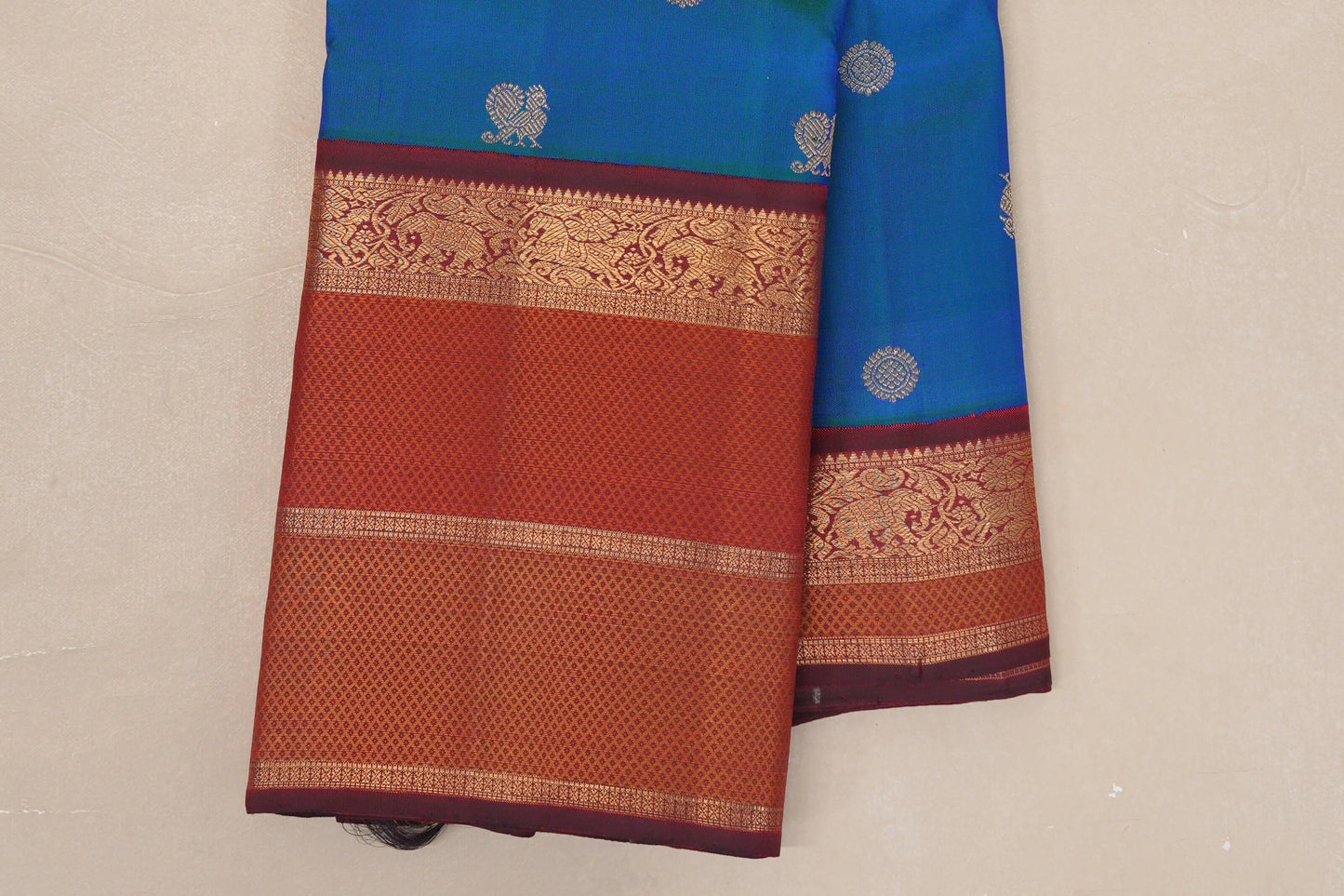 Peacock Blue with Multi Color Borders Heirloom Kanjivaram Silk Saree border zoom