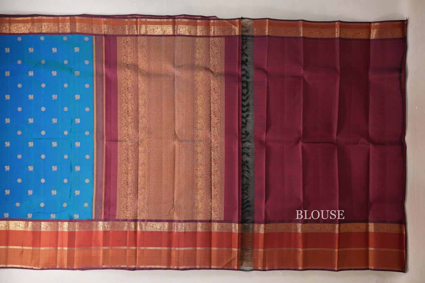 Peacock Blue with Multi Color Borders Heirloom Kanjivaram Silk Saree blouse
