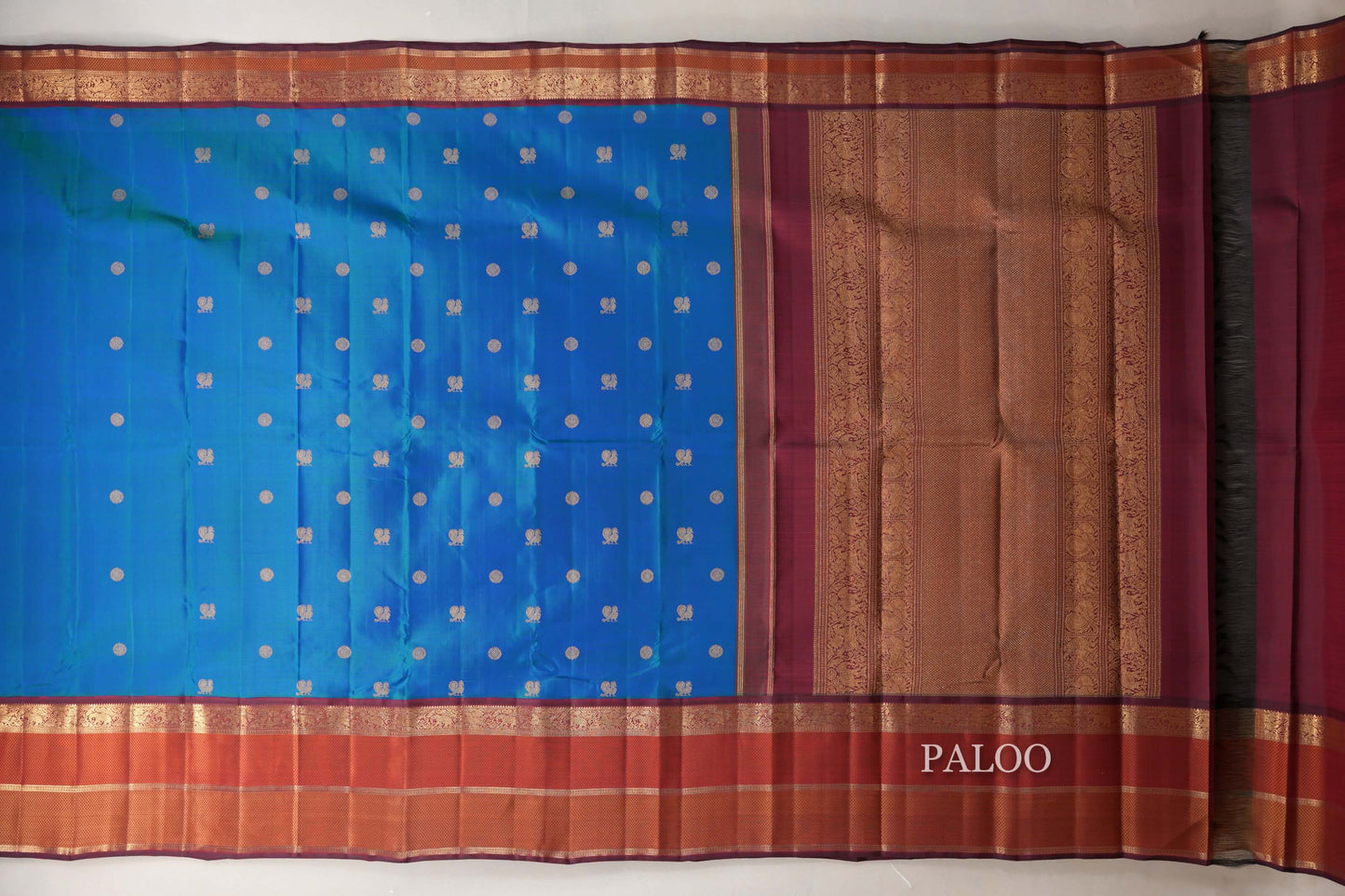 Peacock Blue with Multi Color Borders Heirloom Kanjivaram Silk Saree paloo