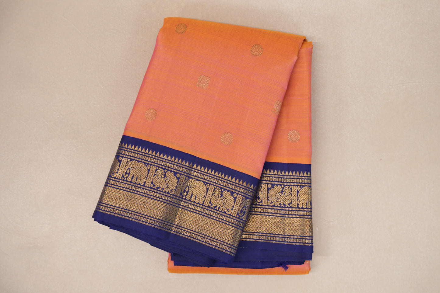 Dual Tone Yellow and Pink with Deep Blue Borders Heirloom Kanjivaram Silk Saree 
