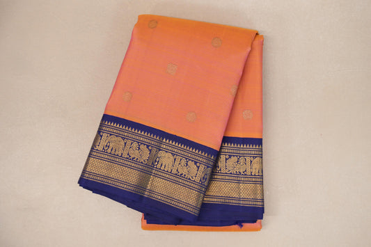 Dual Tone Yellow and Pink with Deep Blue Borders Heirloom Kanjivaram Silk Saree 