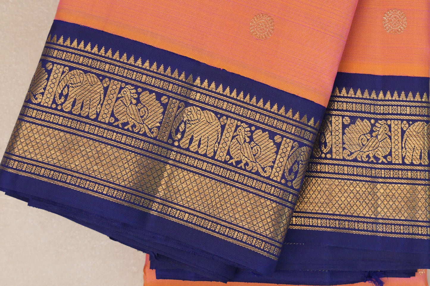 Dual Tone Yellow and Pink with Deep Blue Borders Heirloom Kanjivaram Silk Saree border zoom