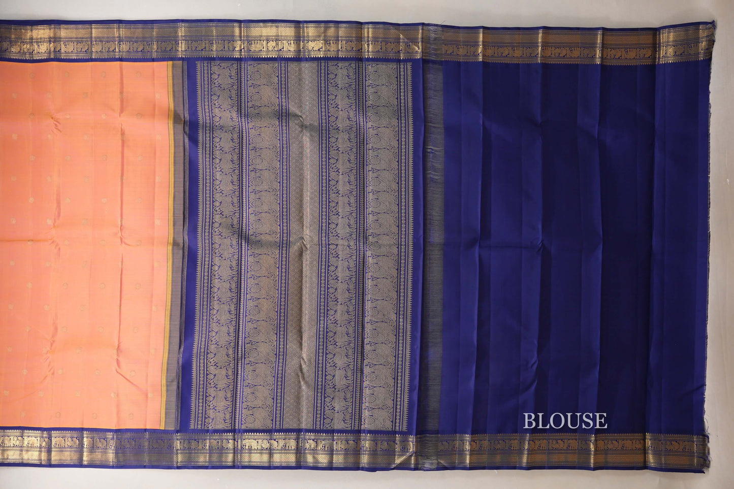 Dual Tone Yellow and Pink with Deep Blue Borders Heirloom Kanjivaram Silk Saree blouse