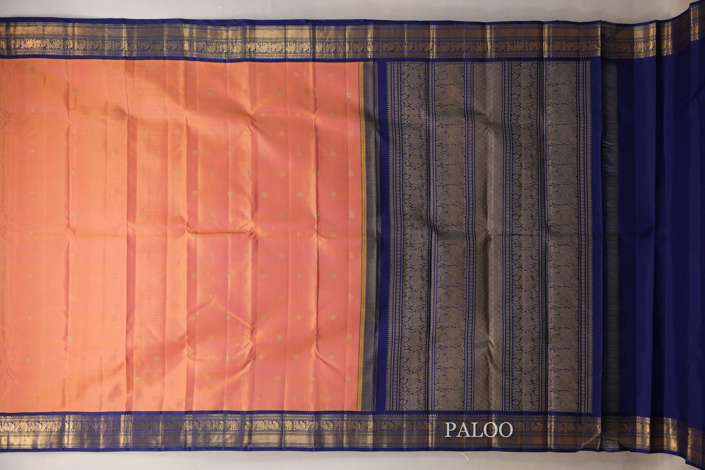 Dual Tone Yellow and Pink with Deep Blue Borders Heirloom Kanjivaram Silk Saree paloo