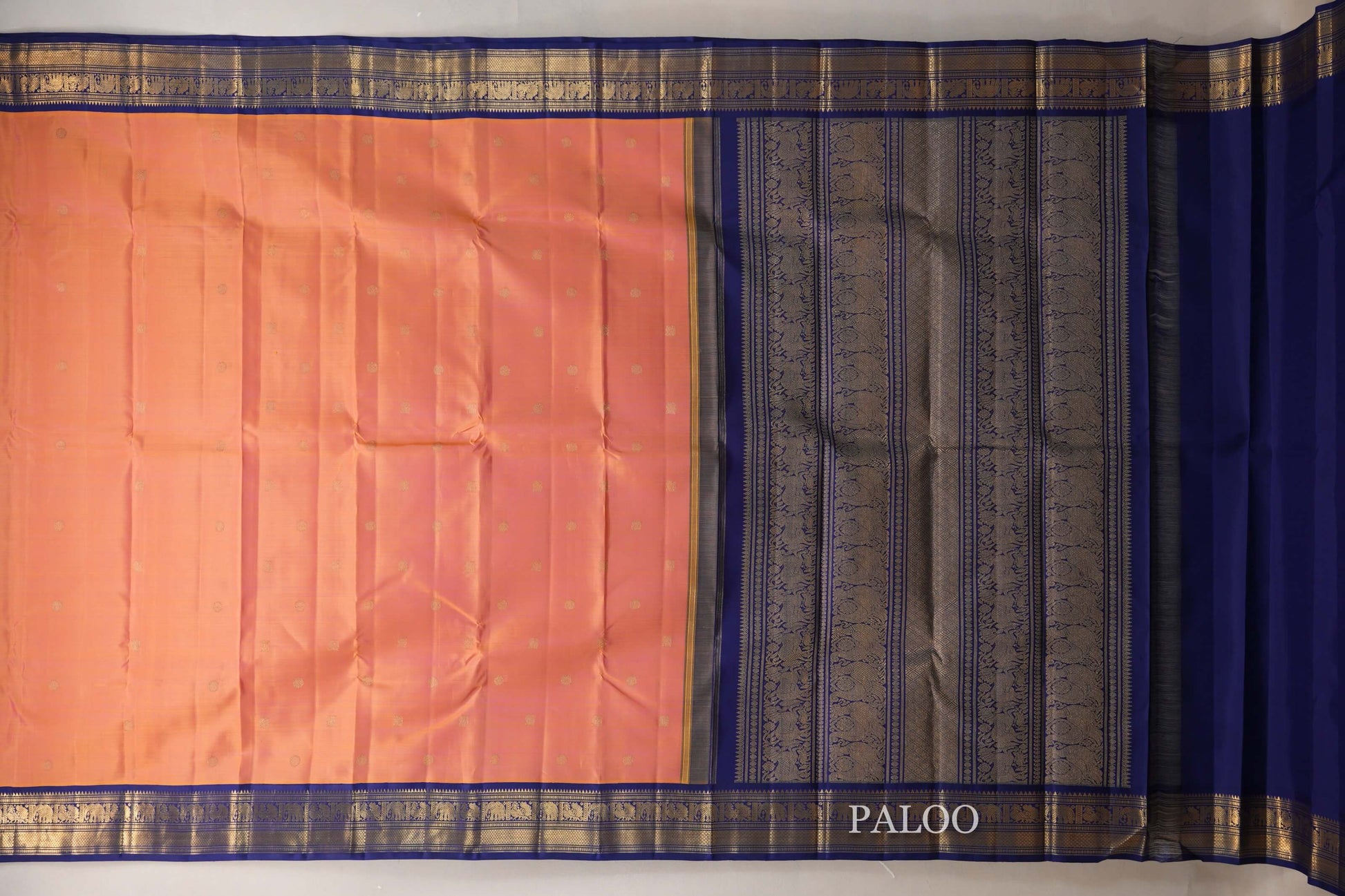 Dual Tone Yellow and Pink with Deep Blue Borders Heirloom Kanjivaram Silk Saree paloo