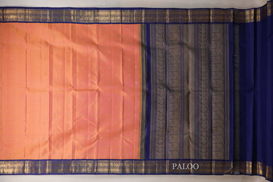 Dual Tone Yellow and Pink with Deep Blue Borders Heirloom Kanjivaram Silk Saree paloo