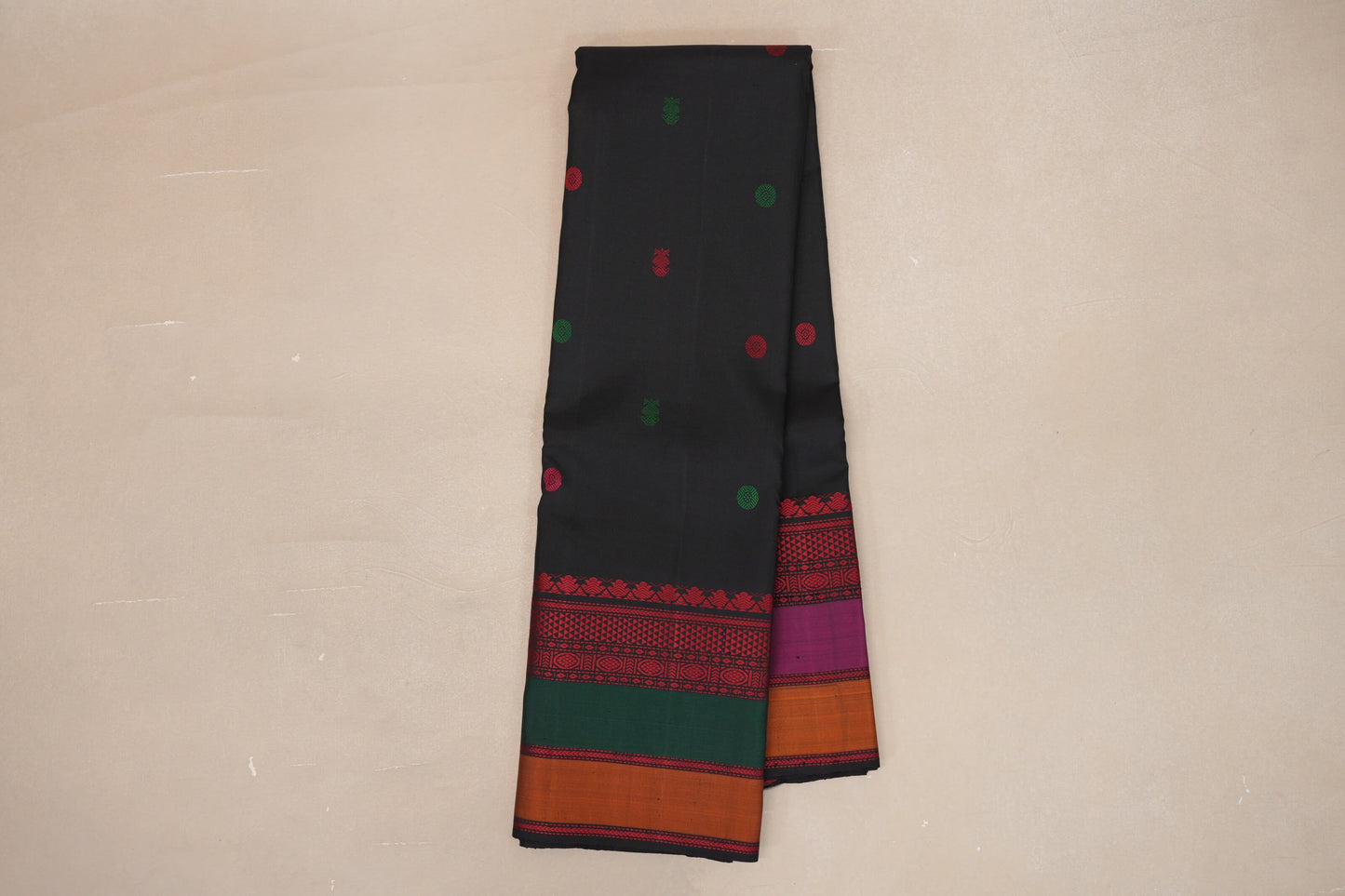 Deep Black with Multi Color Borders Thread Woven Kanjivaram Silk Saree online
