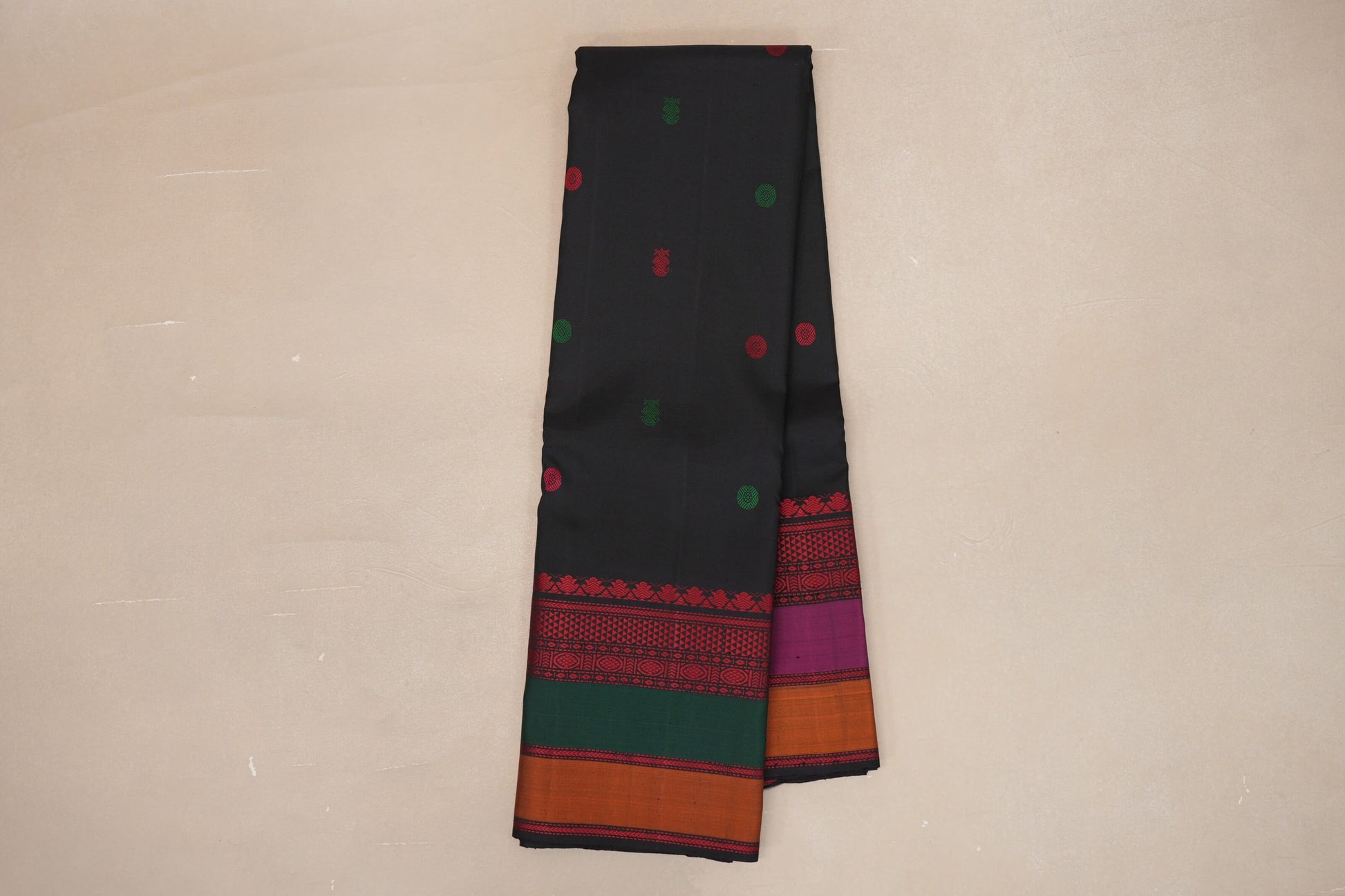 Deep Black with Multi Color Borders Thread Woven Kanjivaram Silk Saree online