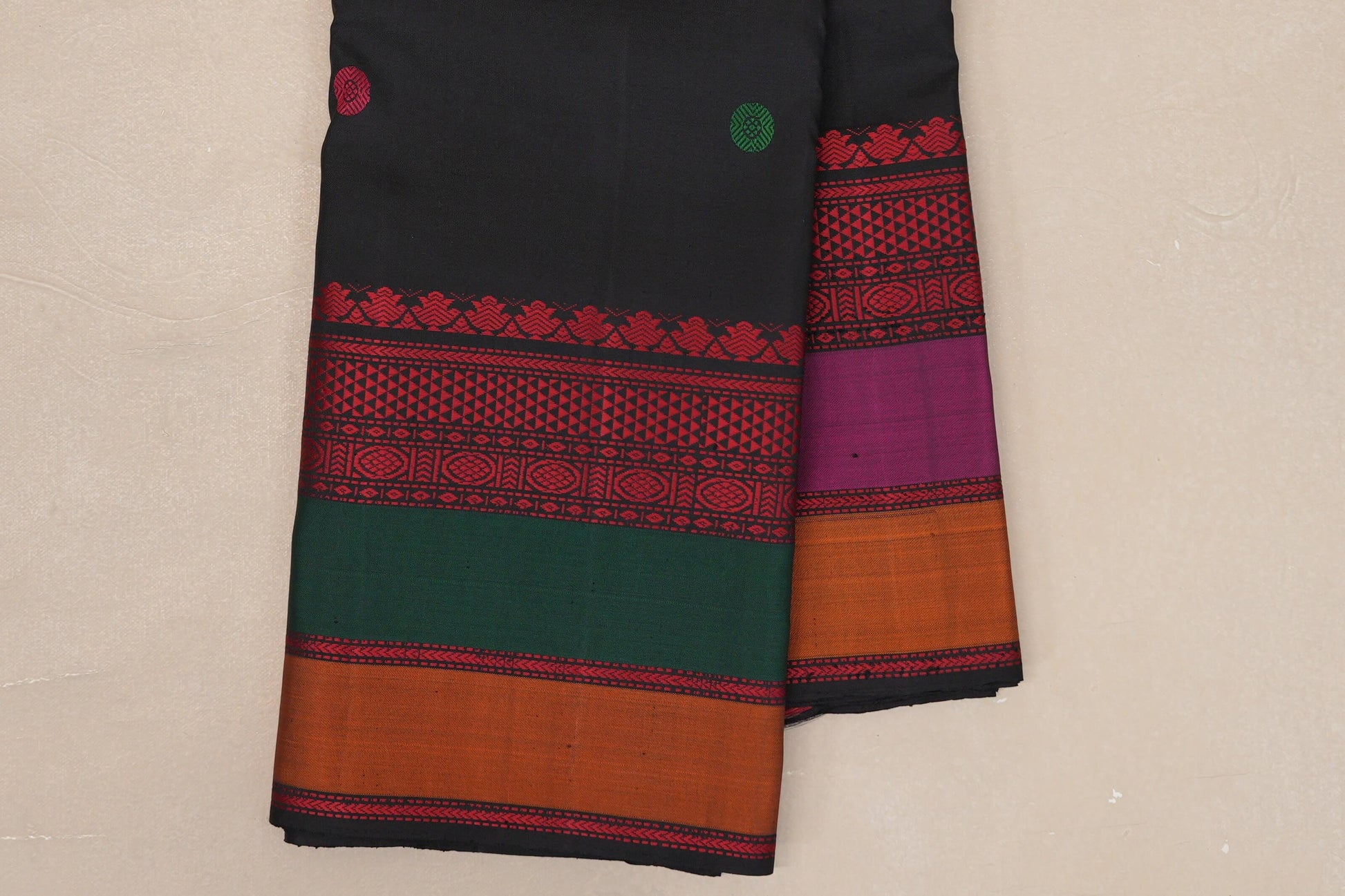 Deep Black with Multi Color Borders Thread Woven Kanjivaram Silk Saree border zoom