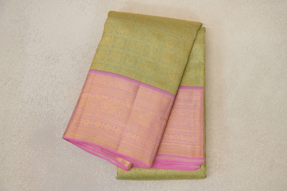 Pastel Green with Baby Pink Borders Kanjivaram Silk Saree by Tharakaram PSTK040179