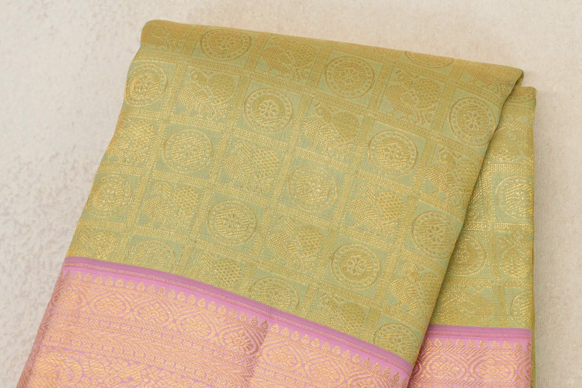 Pastel Green with Baby Pink Borders Kanjivaram Silk Saree by Tharakaram PSTK040179