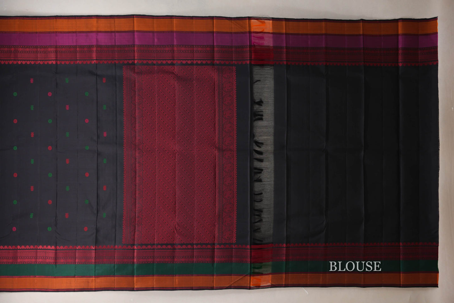 Deep Black with Multi Color Borders Thread Woven Kanjivaram Silk Saree blouse